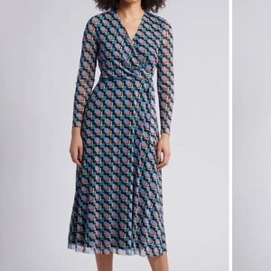 Anne Klein Geo Print Long Sleeve Faux Wrap Midi Dress NEW